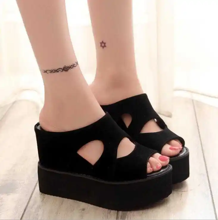 Muffin wedge heel female slippers 2019 new high-heeled shoes non-slip thick bottom increased fish mouth women's shoes Sexy