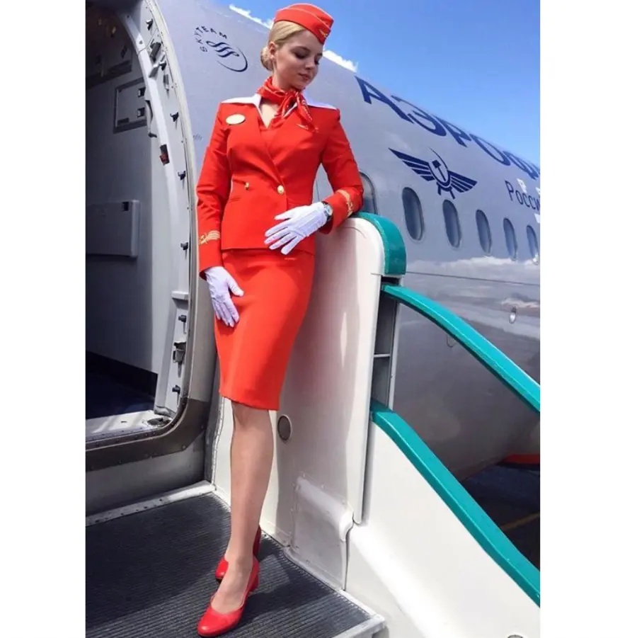 ชุดเดรสแจ็คเก็ตผ้าพันคอหมวกสีแดงสดใส,ชุดพนักงานต้อนรับบนเครื่องบินสายการบินรัสเซียเซ็กซี่