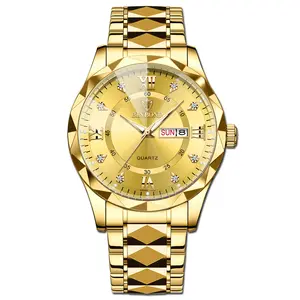 정품 방수 발광 더블 캘린더 시계 남성용 석영 시계 다이아몬드 뾰족한 유리 남성용 시계