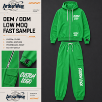 Ensemble deux pièces streetwear personnalisé pour homme : sweat à capuche vert zippé et pantalon cargo à poignets élastiques OEM ODM