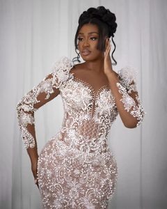 Luxurious Mermaid Wedding Dress for <strong>Bride</strong> Bridal <strong>Gowns</strong> Long Sleeves Appliqued Beaded Lace Pearls Crystals Ruffled Wedding - Product Image 3