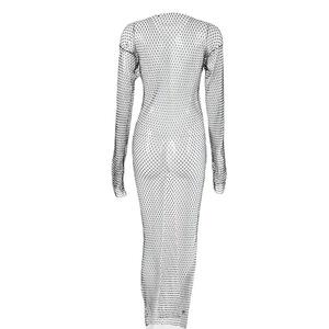 Vestido de red con pedrería para mujer, estilo europeo-americano, sexy, cuello redondo, manga larga, falda larga con abertura, translúcido, para discoteca - Product Image 5