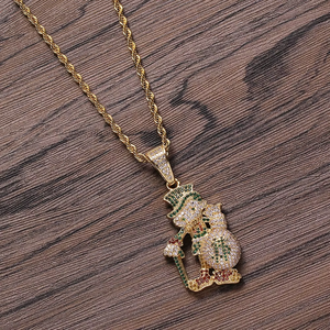 Colgante de bastón y bolsa de dinero para caballero, Collar de cobre con circonitas cúbicas estilo hip hop de dibujos animados, Cadena con dije de hombre rico con incrustaciones de circonitas - Product Image 2