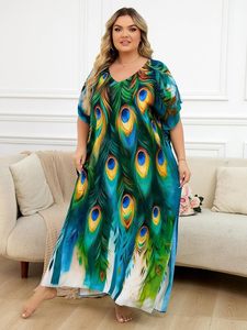 <strong>Plus</strong> <strong>Size</strong> Chiffon Loose <strong>Beach</strong> Kaftan Dresses for Women Print V-Neck Long Swimsuit <strong>Cover</strong> <strong>Ups</strong> - Product Image 2