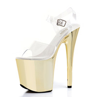 Sandales pour femmes à plateforme métallisées électroplaquées, semelle épaisse, talon fin, bout ouvert, bride à la cheville, talons hauts sexy de 20 cm (8 pouces) pour boîte de nuit