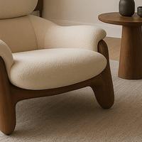 Fauteuil lounge en bois massif de forme organique Wabi-Sabi - Fauteuil rembourré design pour appartement, salle à manger, hôtel, salon