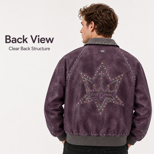 Giacca in Pelle Streetwear di Tendenza, Vintage, Lavaggio Acido, Personalizzata, Stile Varsity, Effetto Consumato, Viola, con Ricami e Borchie - Product Image 2