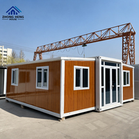 Casa Contenedor Expandible Moderna de 20 pies/40 pies con Revestimiento de Madera, Puerta de Vidrio y Doble Ala, Villa Modular Prefabricada para Jardín