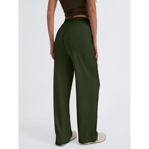 Pantalon palazzo à taille haute pour femmes, à jambes larges, extensible, côtelé, avec poches, pantalon décontracté pour la maison, respirant, en coton tricoté - Product Image 4