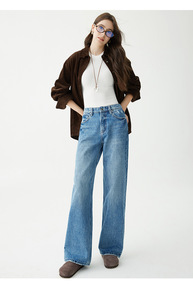 Jeans Larghi a Gamba Larga all'Ingrosso |   Jeans da <span class=keywords><strong>Donna</strong></span> a Vita Alta e Vestibilità Comoda |   Azzurro Vintage Lavato, Cotone Morbido Elegante ODM - Product Image 4