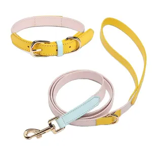 Leather Dog Leash Custom Colors Softly Padded Waterproof Classic Vegan Genuine Leather Dog Collar Leash Set