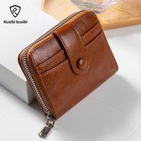 Dompet Multi-Kartu Pria Fashion Dompet Pendek Kulit Minyak Lilin PU Antik Dompet Koin Ritsleting Uniseks Dompet Pria Tempat Kartu Pria
