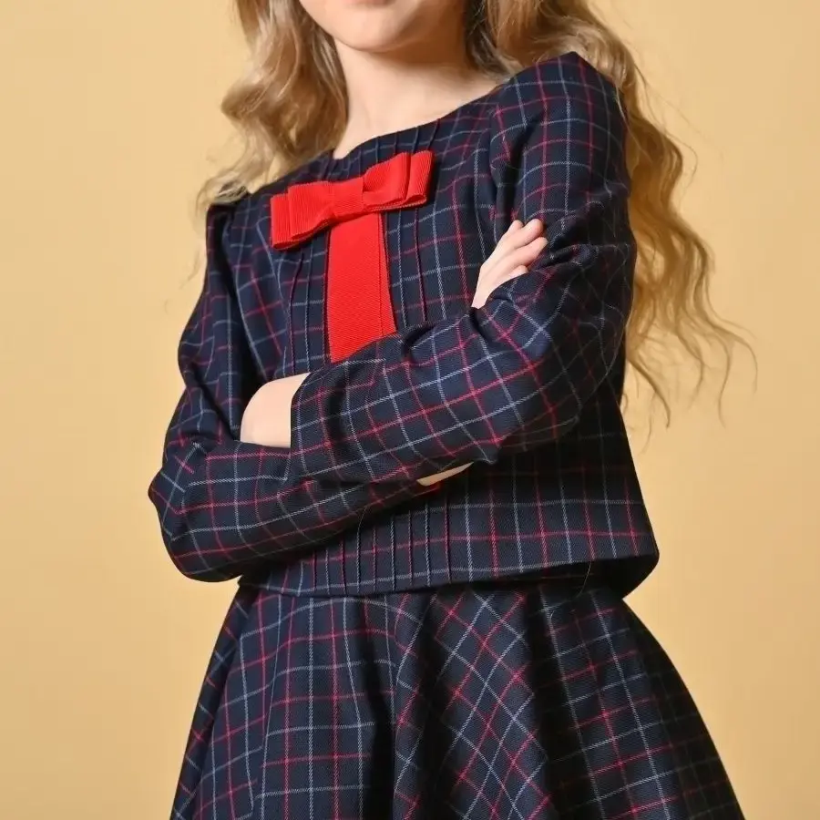 Customized High Quality Jacket Skirt Primary Children Middle Plaid Suit Bow Long Sleeve Girls School Uniform