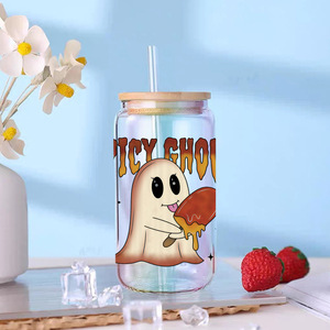 Envolturas DTF UV <span class=keywords><strong>para</strong></span> Vasos al por Mayor, Diseños de Fantasmas y Sonrisas, Pegatinas DTF <span class=keywords><strong>para</strong></span> Vasos de Vidrio, Temática de Halloween y Acción de Gracias - Product Image 1