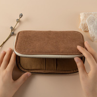 Pochette matelassée en velours côtelé marron noyer, grande capacité, étui de voyage imperméable pour pinceaux et crayons avec fermeture éclair, style tendance