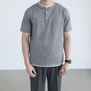 Men's Gray Short Sleeve Henry Polo Shirt Solid Color Breathable Base Layer <b>Top</b> For Teenagers - Product Image 2