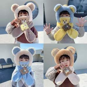قبعة شتوية للأطفال مع وشاح مدمج، تصميم دب مخملي للأولاد والبنات، مقاومة للرياح والبرد مع حماية للأذنين وقناع - Product Image 2