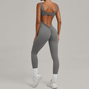 Mono de Yoga para niñas, estiramiento de secado rápido, compresión, Fitness, ropa de Yoga todo en uno, Color sólido, sin mangas, cintura en V, medias de elevación de cadera - Product Image 1