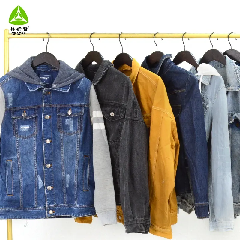 Mens Denim Jean Jacket Trendy Fashion Ripped Denim Abaya Thrift Store Dubai Engros Used Clothes Bales