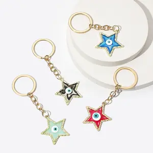 2024 Wholesale Star Evil Eye Gold Plated Pendant Keychain Blue Enamel Evil Eye Keyring