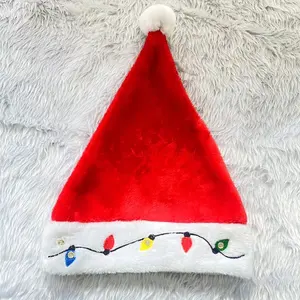 Light Up LED Embroidered Christmas Hat Plush Santa Hat Xmas Accessories Wholesale Fancy Dancing Plush Christmas Hats