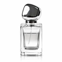 Vente en gros de flacons atomiseurs de parfum carrés transparents vides de 30 ml et 50 ml, avec un couvercle argenté unique en forme de galet, impression sérigraphique personnalisée