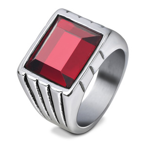 Fashion Square Gemstone <b>Ring</b> Red <b>Black</b> <b>Titanium</b> Steel Bezel Setting Geometric Style Gift Jewelry - Product Image 4