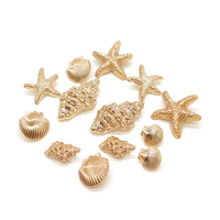 Kancing Kerang Emas Ramah Lingkungan Mewah Khusus untuk Pakaian, Logam Zinc Alloy dengan Tangkai, Bentuk Khusus Berlapis Kerang Laut, Bintang Laut, Hati