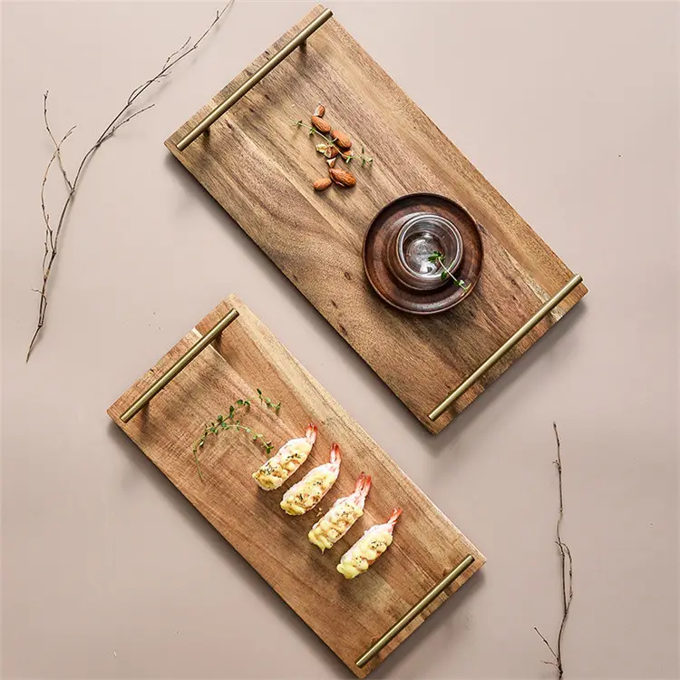 रचनात्मक बबूल की लकड़ी आयताकार खाने की थाली फल नाश्ता मिठाई लकड़ी सेवारत ट्रे के साथ स्टेनलेस स्टील संभाल