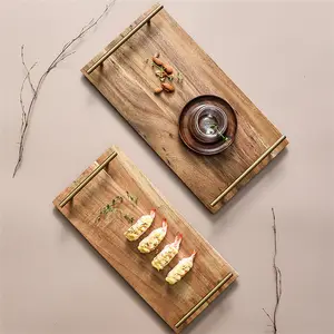 रचनात्मक बबूल की लकड़ी आयताकार खाने की थाली फल नाश्ता मिठाई लकड़ी सेवारत ट्रे के साथ स्टेनलेस स्टील संभाल