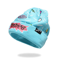 Bonnet en tricot acrylique chaud d'hiver avec logo personnalisé imprimé sur toute la surface, style rétro années 90, hip-hop, avec patch brodé sur le revers
