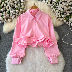 Camisa con Decoración de Volantes 3D, Nueva Blusa Corta Ajustada para Mujer, a la Moda - Product Image 1