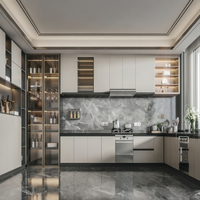 Cuisine moderne de luxe avec armoires à portes vitrées éclairées par LED, rangement modulaire, ensemble complet sur mesure pour villa haut de gamme