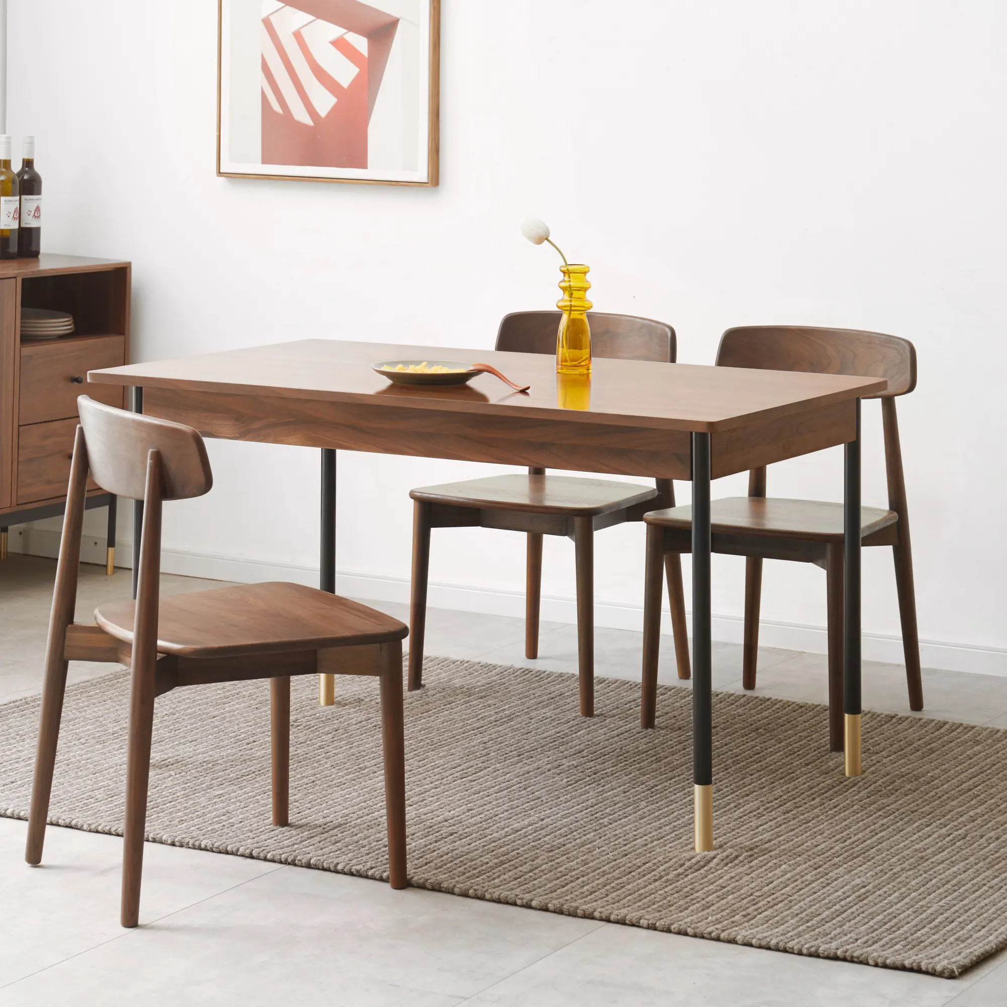 Solid Wood Frame Metal Legs Modern Dining Table 8 Seater Walnut Wooden Dining Room Furniture Set