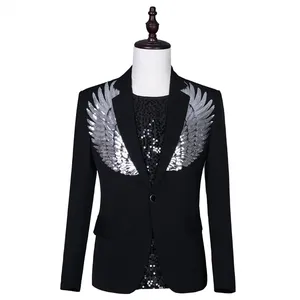 Повседневная куртка с блестками и крыльями, черный блейзер для мужчин, облегающий Свадебный костюм для жениха, костюм для ночного клуба, вечеринки, сценический костюм
