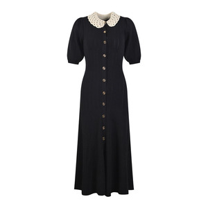 Robe d'été élégante pour femmes européennes et américaines haut de gamme Taille basse Style de fête droit avec revers Fente creuse Couleur unie - Product Image 4