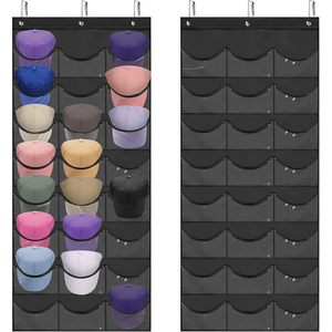 <b>Hat</b> Rack 24 Pocket Over Door Organizer With Hooks For Baseball Caps Clear Pockets Wall Mount Storage Black - Product Image 1