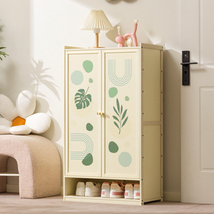 Cream Colored Bamboo <b>Shoe</b> Cabinet Double Door Modern Wabi Sabi Style Space Saving <b>Storage</b> For Home Entryway - Product Image 1