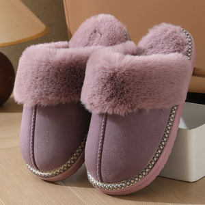 Chaussons d'hiver chauds en fourrure pour femme, pantoufles de luxe en peluche pour couple, chaussures d'intérieur en coton à talons plats, pantoufles moelleuses - Product Image 1