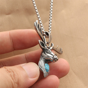Colgante de cabeza de ciervo de acero inoxidable yunnique con incrustaciones de turquesa, collar unisex, regalo, joyería de moda con forma de animal, 280607 - Product Image 3