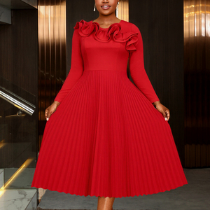 AM050710 autunno elegante 3D manica lunga con volant impero una linea plissettata Plus Size rosso Midi formale abito Casual da donna - Product Image 1
