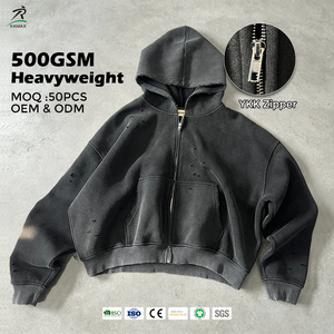 Sudadera con capucha corta para hombre, de 500GSM de alto gramaje, personalizada, estilo vintage desgastado, con cremallera YKK, efecto de orificios y diseño de hombro caído cuadrado - Product Image 1