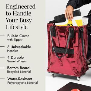 Sac de transport et de courses pliable en polyester noir réutilisable avec logo personnalisé, à roulettes, capacité 66 lb - Product Image 4