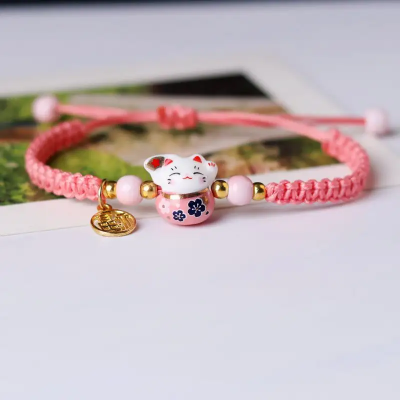 Nouveau bracelet simple et adorable en céramique avec chat tissé à la main pour étudiant