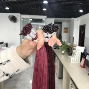 Amara fornecedor melhor venda eu ponta extensões de cabelo 100% cabelo russo humano com acabamento completo alinhamento de cutícula logotipo personalizado vermelho à mão rápido