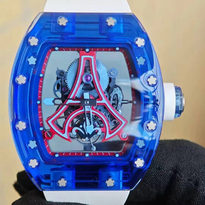 Reloj Mecánico de Lujo para Hombre, con Caja Transparente de Cristal Azul, Correa de Goma Blanca, Estilo Tourbillon - Product Image 1