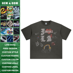 Camiseta de Lino y Algodón de 260g, Lavado Pesado, Estilo Vintage, con Graffiti de Corazón Arcoíris y Gato Dibujado a Mano, Hombros Caídos, Holgada, Unisex, Manga Corta - Product Image 2