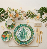 Service de table de luxe en or véritable motif feuille tropicale, assiette de présentation en céramique jungle en porcelaine fine, tasse à café et bol en porcelaine pour événements hôteliers
