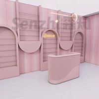 Table de réception rose Bureau de réception Panneau de meuble en bois gris Mid-century Modern Spa Front Office Beauty Salon Office