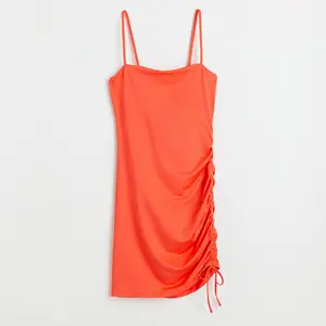 Low MOQ Custom Draped Mini Dress Simple Strap Tied Up Solid Orange Color High Quality Casual Satin Dresses Women